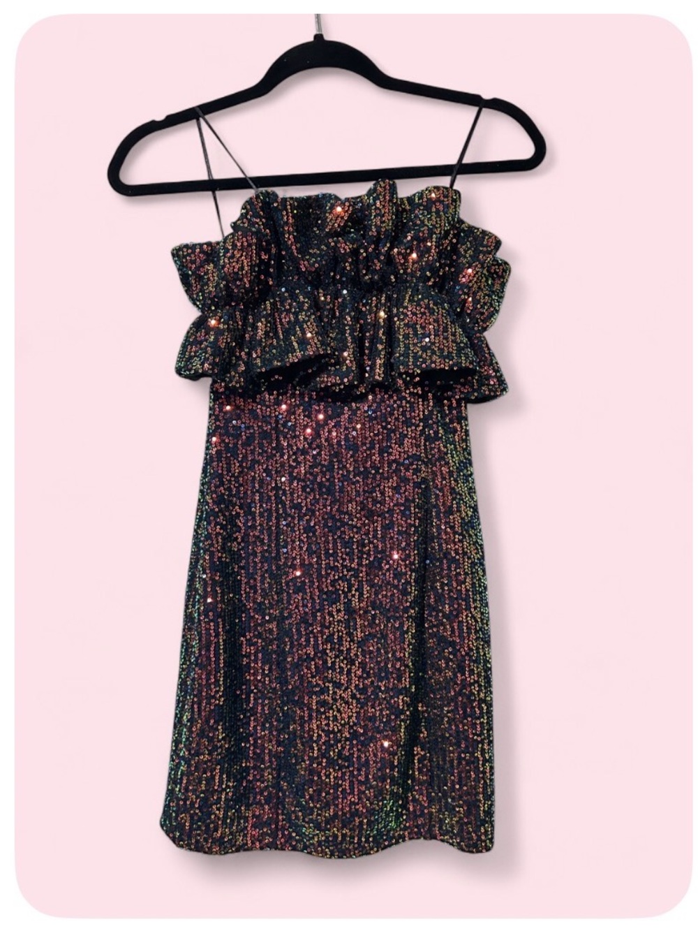 Homecoming Strapless Iridescent Sparkle Ruffle Sequin Cocktail Dress - Black -XS